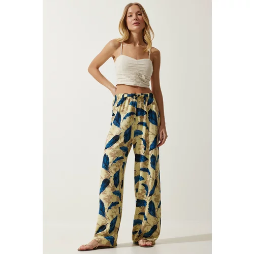 Happiness İstanbul Women's Yellow Navy Blue High Waist Summer Wide Viscose Trousers