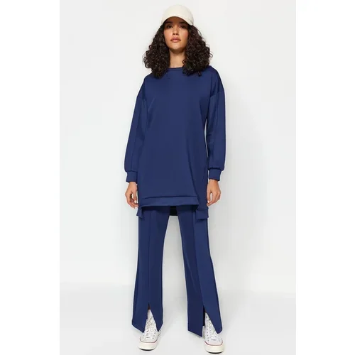 Trendyol Navy Blue Slit Detailed Scuba Tunic-Pants Knitted Two Piece Set