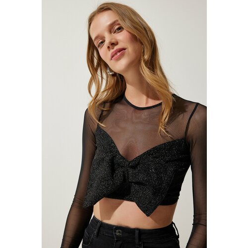 Happiness İstanbul Women's Black Bow Detailed Sheer Crop Blouse Slike