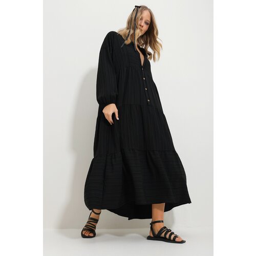 Trend Alaçatı Stili Women's Black Crew Neck Self Textured Maxi Length Dress Cene