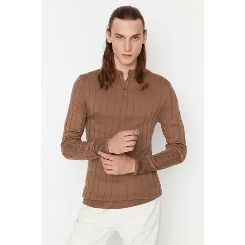 Trendyol Mink Men's Fitted Slim Fit Buttoned Plaid Half Fisherman Basic Knitwear Sweater