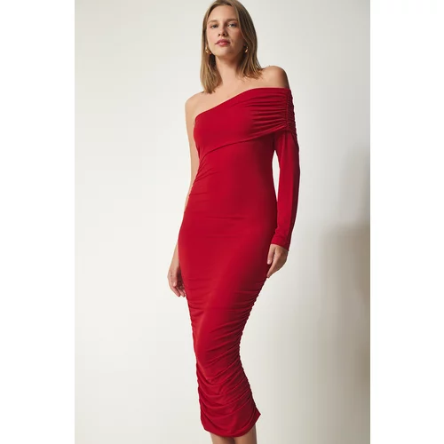 Happiness İstanbul Women's Red One-Shoulder Pleated Sandy Dress