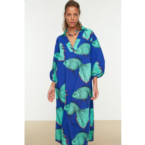 Trendyol Blue Fish Pattern Voile Beach Dress