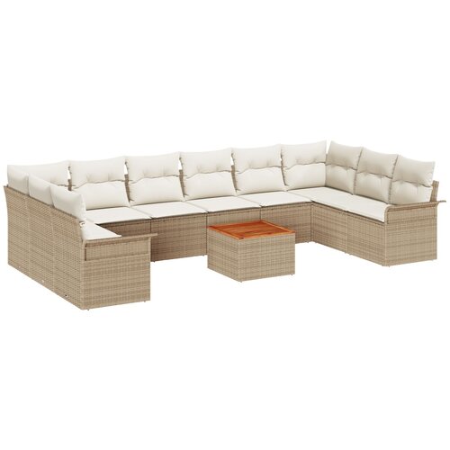 VidaXL 11-delni set vrtnih sof z blazinami bež Poli Ratan Acacia, 2-sedežna vrtna sofa s shranjevanjem in blazinami bež Poli Ratan Slike