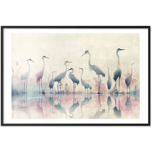  Plakat - Birds by the Lake - herons painted in watercolor in a delicate gray-pink palette 60x40 Crni okvir s margom Slike