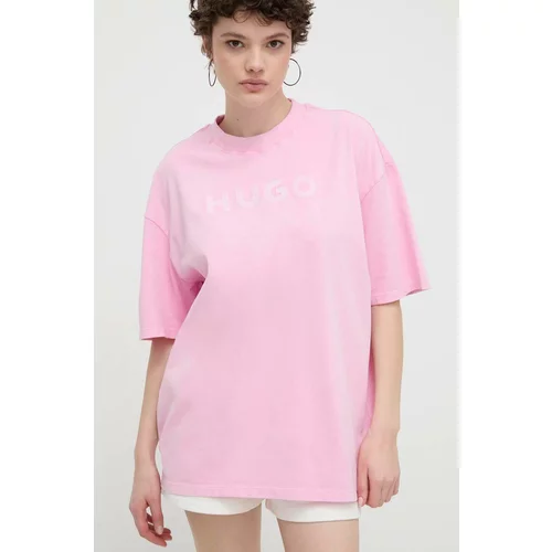 Hugo Bombažna kratka majica ženski, roza barva