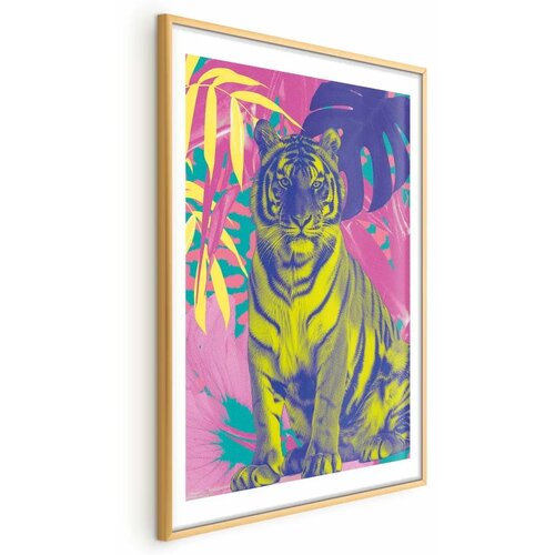  Plakat - Colorful Tiger - intense colors of a tiger surrounded by tropical plants 40x60 Zlatni okvir s margom Cijene