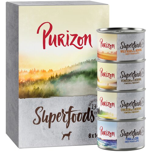 Purizon Superfoods 6 x 140 g - Mešano pakiranje (2x piščanec, 2x tuna, 1x divji prašič, 1x divjačina) Cene