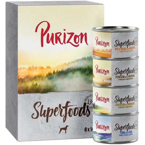 Purizon Superfoods 6 x 140 g - Mešano pakiranje (2x piščanec, 2x tuna, 1x divji prašič, 1x divjačina)