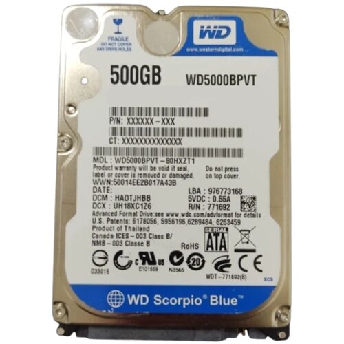 Western Digital HDD 2.5 * 500GB WD5000BPVT BLUE scorpio 5400rpm 8mb SATA 9.5mm Cene