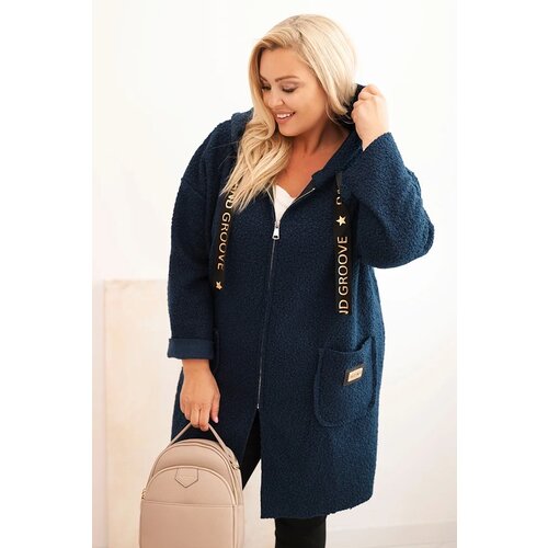 Kesi Włoski Plus Size women's coat made of faux sheepskin with a hood and pockets navy blue Cene