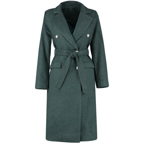 Trendyol Khaki Fitted Belted Gold Buttoned Long Wool Cashmere Coat Slike