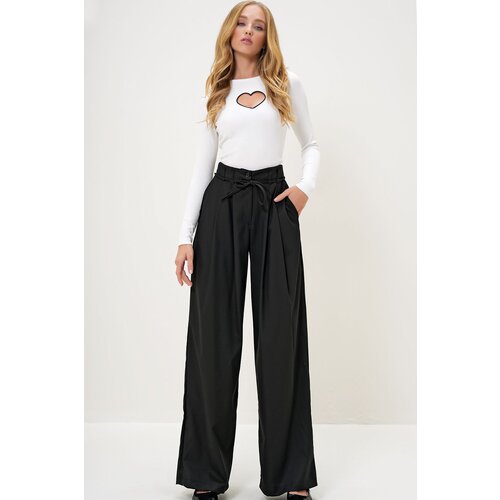 Trend Alaçatı Stili Women's Black Double Pocket Pleated Lacing Detail Woven Trousers Slike