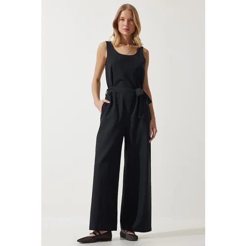  Women's Black Belted Linen Jumpsuit