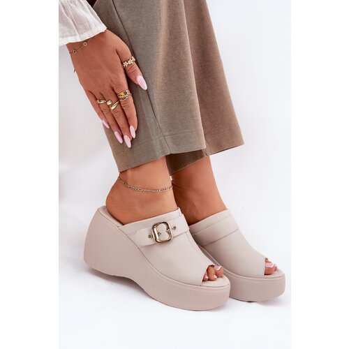 S. BARSKI Leather Women's Sandals On Platform And Wedge With Buckle Beige S.Barski Cene