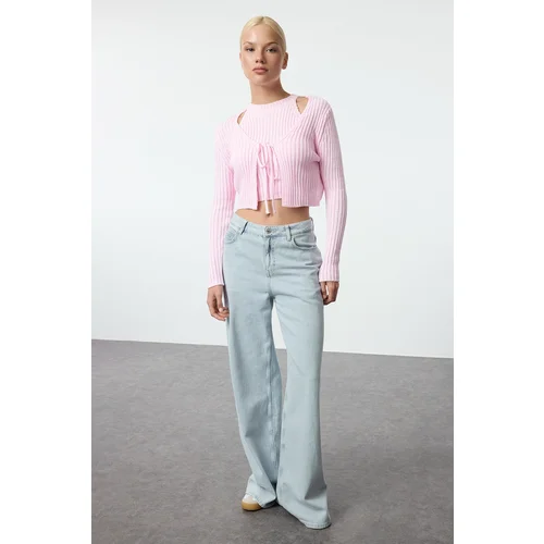 Trendyol Pink Crop Blouse-Cardigan Set Knitwear Cardigan