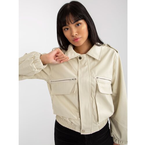 Fashion Hunters Light beige short eco-leather jacket with a collar Slike