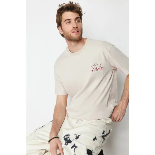 Trendyol Stone Men's Oversize Mushroom Embroidered 100% Cotton T-Shirt