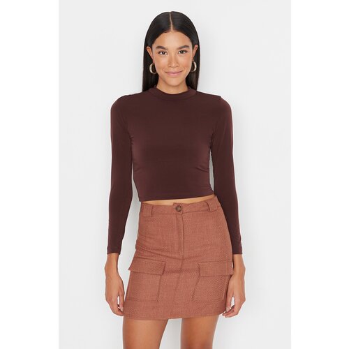 Trendyol Brown Stand-Up Collar Fitted/Sticky Knitted Blouse with Long Sleeves, Slike