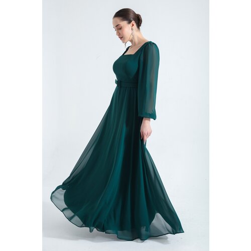Lafaba women's emerald green square neck long chiffon evening dress Cene