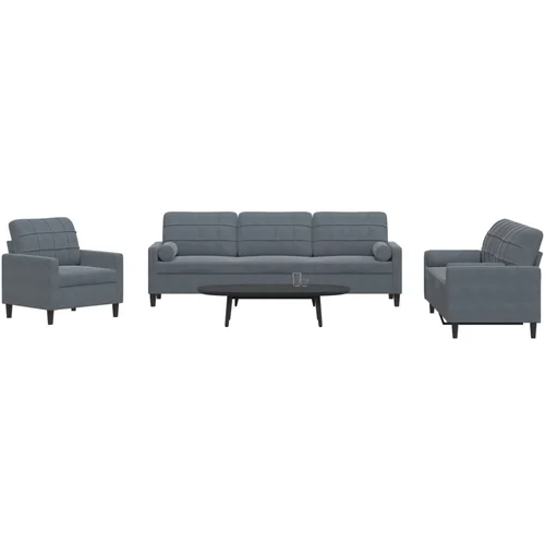 vidaXL 3-dijelni set sofa s jastucima tamnosivi baršunasti