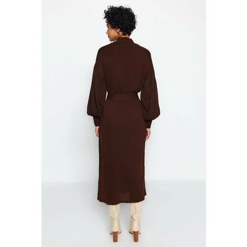 Trendyol Brown Belted Half Turtleneck Sweater Dress