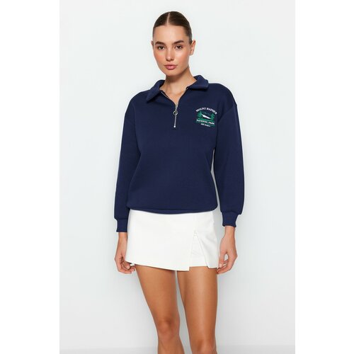 Trendyol Navy Blue Zipper Collar Embroidery Detail Regular Fit Knitted Sweatshirt with Fleece Inside Slike