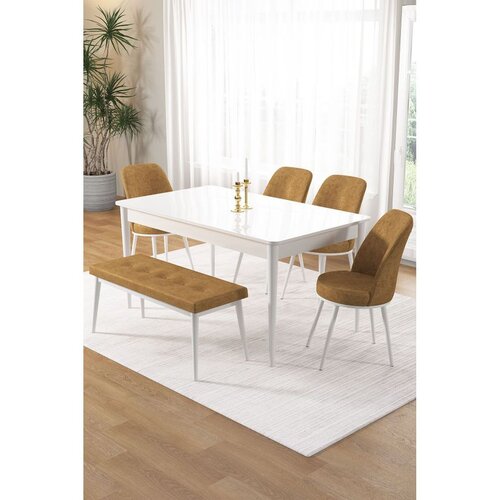 Hanah home trpezarijski set Pir, sto, 4 stolice i klupa, bela ploča, kapućino tkanina Babyface Cene