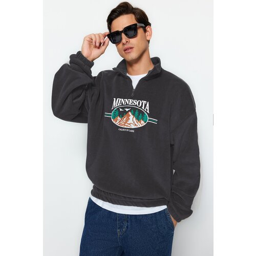 Trendyol Anthracite Unisex Oversize Zipper High Neck Sleeves Striped Urban Embroidered Fleece Sweatshirt Slike