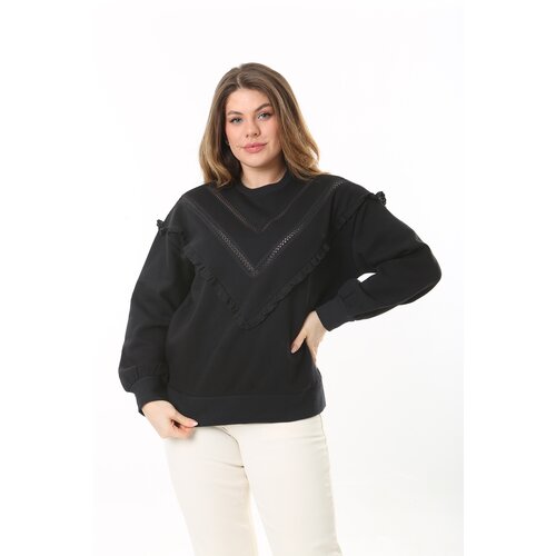 Şans Women's Plus Size Black Lace And Ruffle Detail Inner Raising Sweatshirt Slike