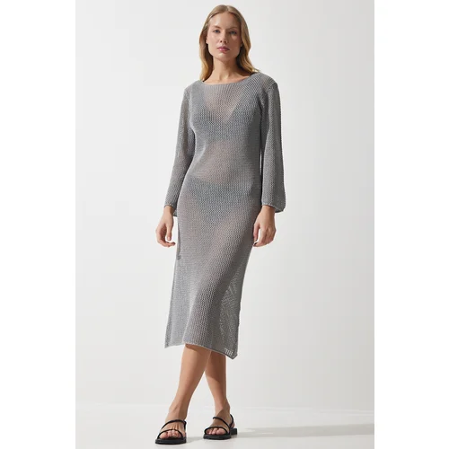 Happiness İstanbul Women's Gray Openwork Transparent Long Knitwear Dress