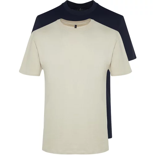 Trendyol Stone-Navy Blue Men's Basic Slim Fit 100% Cotton 2-Pack Short Sleeved T-Shirt