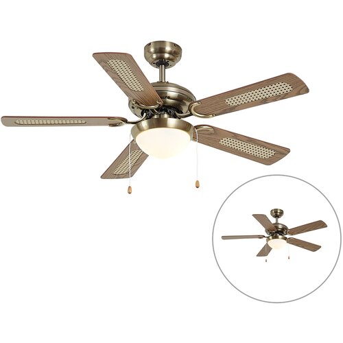 QAZQA Medeninast stropni ventilator z lesenim potiskom in ratanom 108 cm z vlečnim stikalom - Mistral Majas Cene