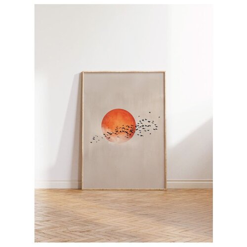 Wallxpert uramljena slika 115231, narandžasto sunce i jato ptica na bež pozadini, 50 x 70 cm, ram u boji prirodnog drveta Cene