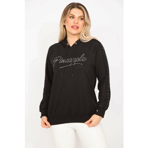Şans Women's Plus Size Black Stone And Lace Detail Hooded Sweatshirt Slike