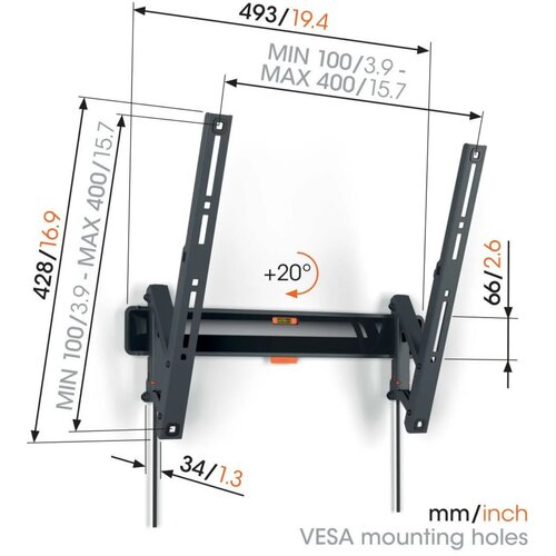 Vogels TVM 3415 Schwarz TV-Wandhalterung 32-65&amp;quot;, tilt 20&amp;deg;, Vesa 400x400, max. 30 kg Slike
