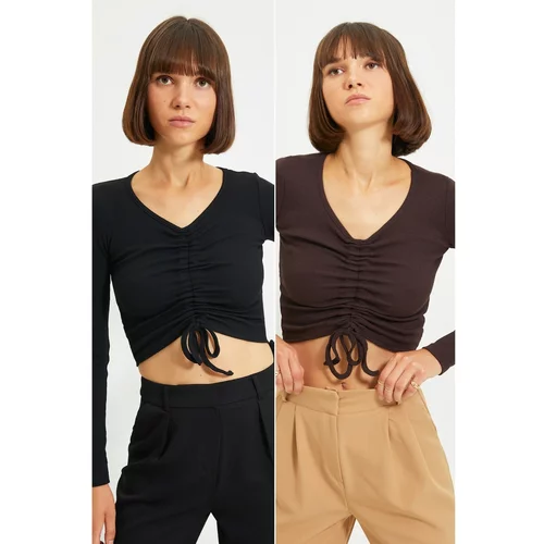 Trendyol Black-Brown 2-Pack Pleated Crop Knitted Blouse