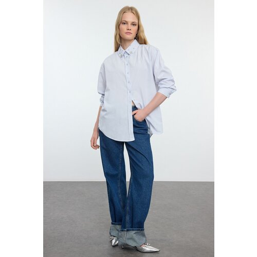 Trendyol Light Blue Stone Detailed Oversize Woven Shirt Cene