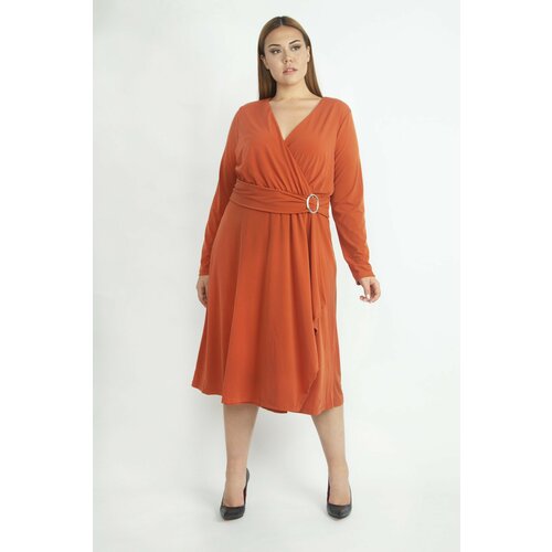 Şans Women's Plus Size Orange Waist Detailed Evening Dress Slike