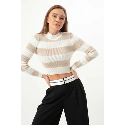 Lafaba Women's Beige Striped Lycra Crop Knitwear Sweater