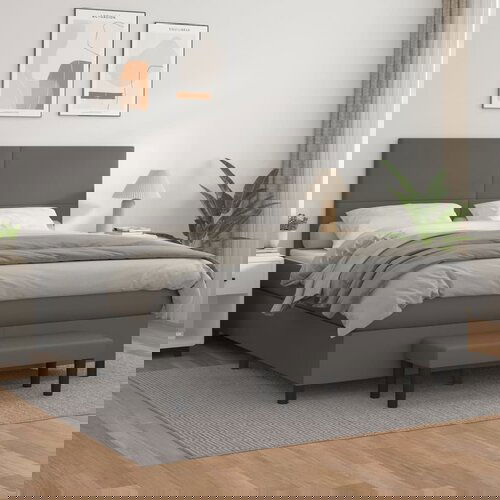 VidaXL Box spring postelja z vzmetnico siv 160x200 cm umetno usnje Slike
