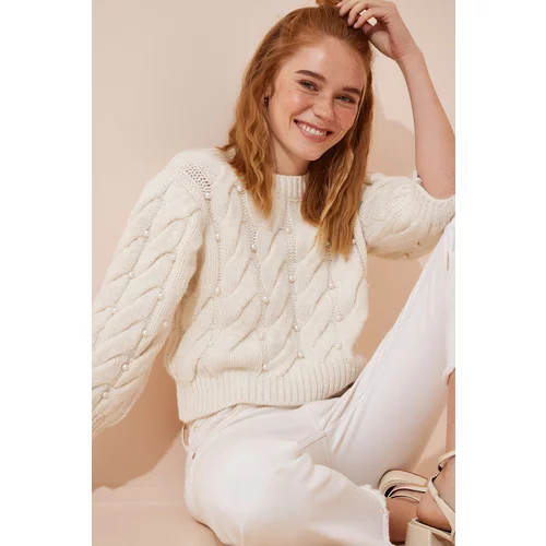 Happiness İstanbul Women's Cream Pearl Stone Knitted Sweater Sweater