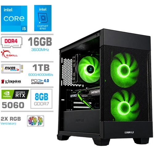 MEGA Računalnik MT S7X i5-12400F/RTX5060/16GB/1TB/750W/Brez OS/črna RGB + Estetski napajalni kabli [Zelena / Črna], (5000505076) Slike