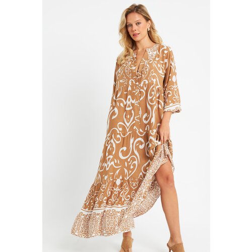 Cool & Sexy Women's Patterned Loose Maxi Dress Camel Q981 Slike
