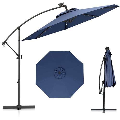 Costway Vrtni senčnik s LED lučmi, vrtljivi senčnik 360&amp;deg;, modri, 300 cm, kovina in poliester, (5000007032) Slike