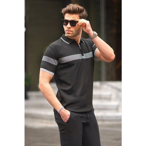 Madmext Black Zipper Detailed Polo Collar Men's T-Shirt 6879 Slike