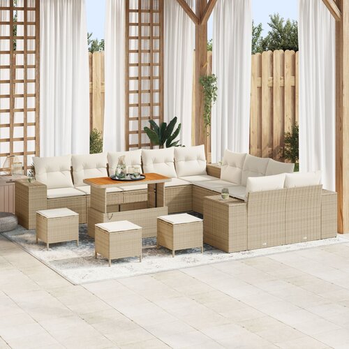 vidaXL 14-dijelni vrtni trosjed s jastučićima bež poliratana akacije, 4-dijelni vrtni set za blagovanje s jastučićima bež poliratana akacije Cene