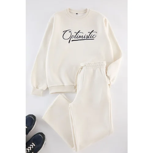 Trendyol Ecru Oversize/Wide Cut Text Printed Tracksuit Set