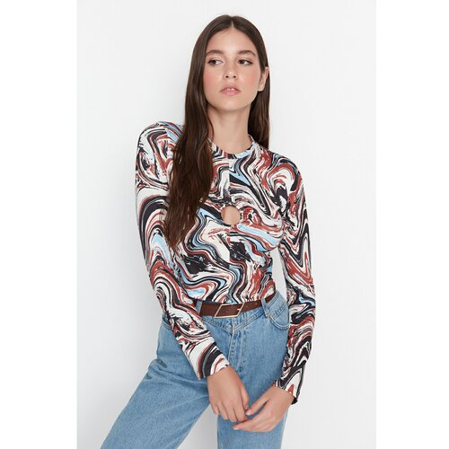 Trendyol Multi Color Drop Detail Stand Up Collar Printed Crop Knitted Blous Slike