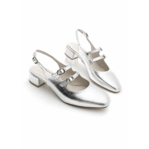 Marjin Women's Double Strap Open Back Classic Heeled Shoes Rosna Silver Slike